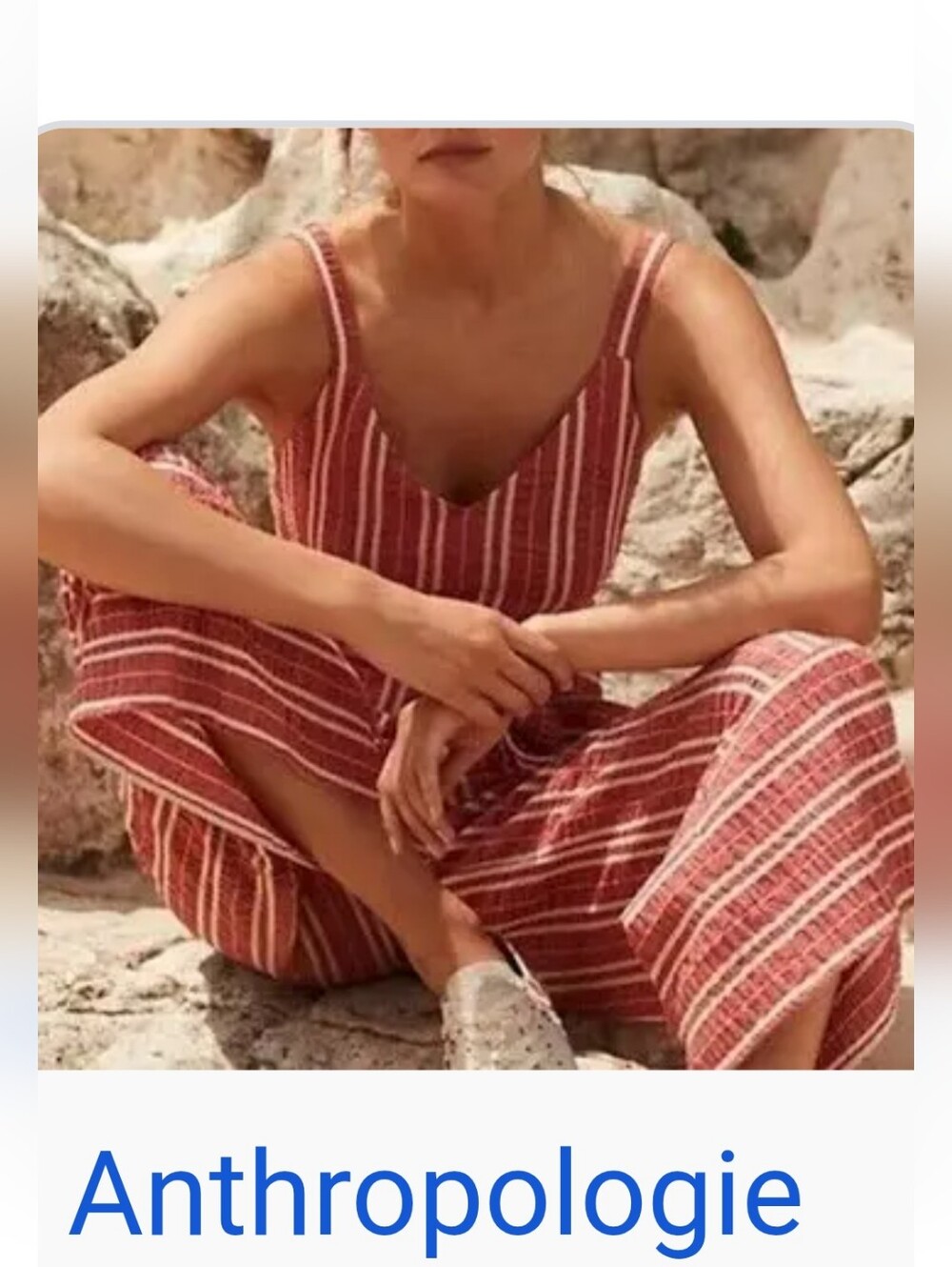 Anthropologie Rust-and-White Striped Linen-Blend Jumpsuit